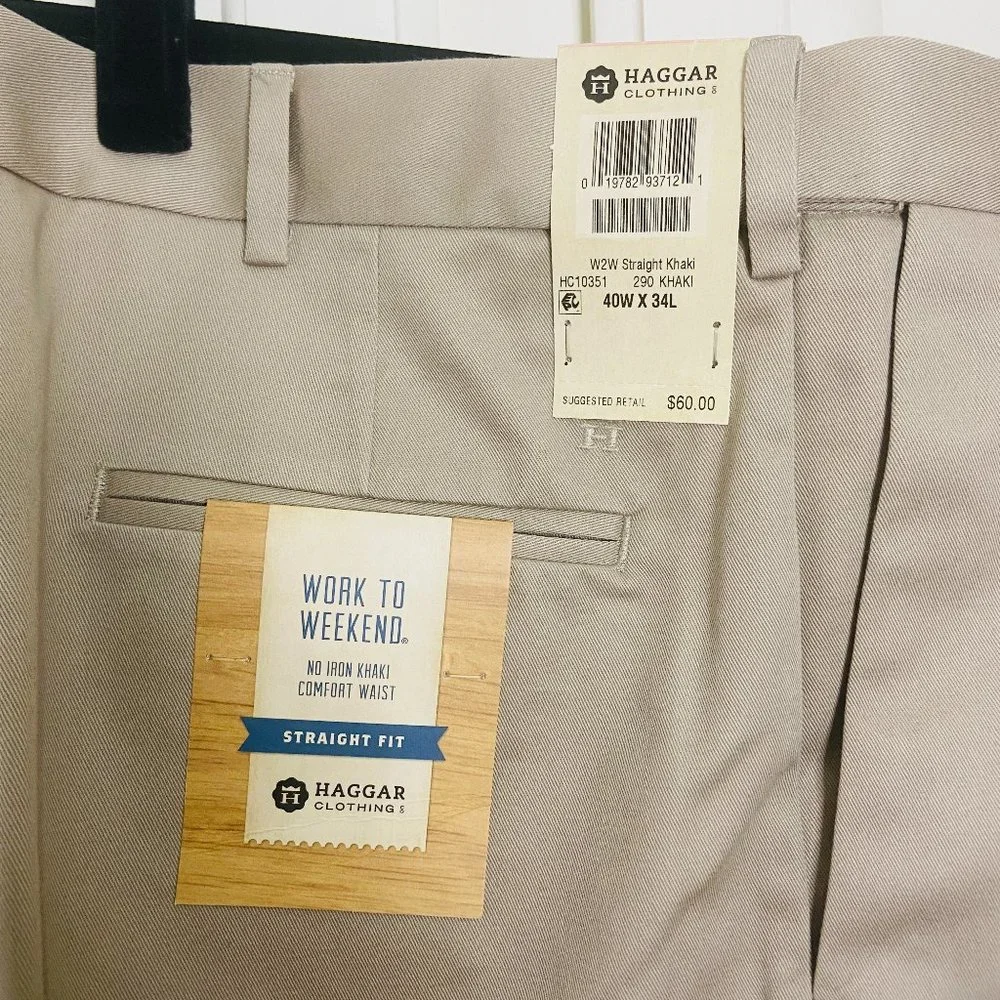 Haggar Mens Work To Weekend Straight Fit No Iron Comfort Waist Khaki 40W…